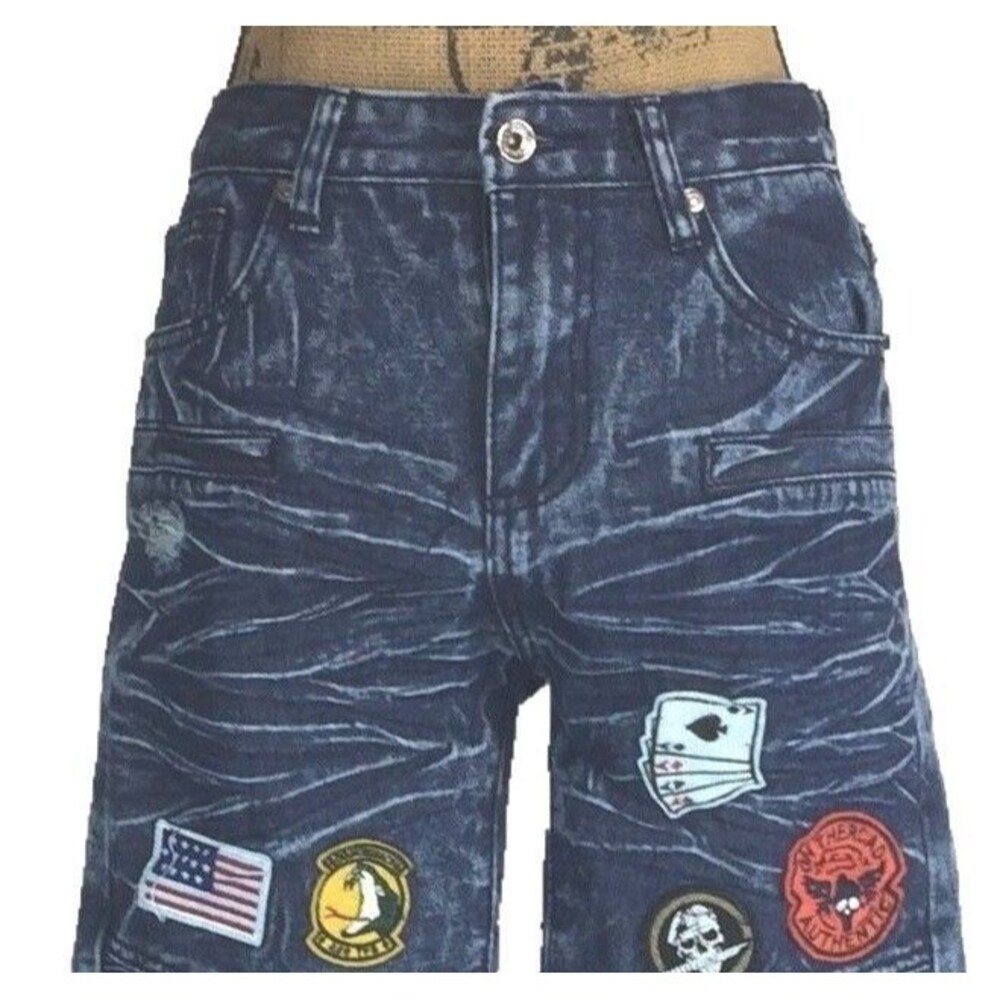 American Stitch Jean 16 Moto Patch Distressed Denim Unique Stone‎ Wash Blue